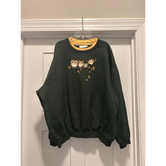 Y2K Hunter Green Embroidered Owl Grandma Layered Collar Sweatshirt Size 3X Top - Picture 1 of 5